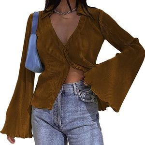 NWOT LYANER Deep V Neck Button Front Bell Long Sleeve Blouse Shirt Top